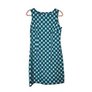 AGB Blue Print Sheath Dress Size 10  Back Zip Princess Seams Sleeveless